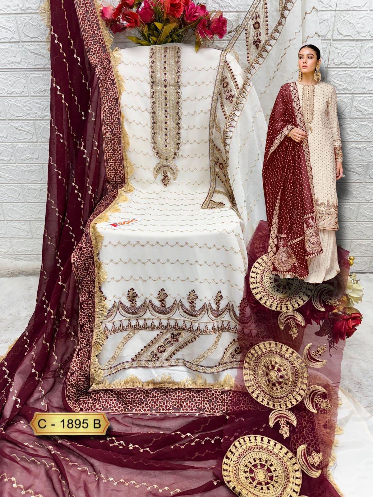 OFF WHITE AND MAROON GEORGETTE EMBROIDERY SUIT 1895