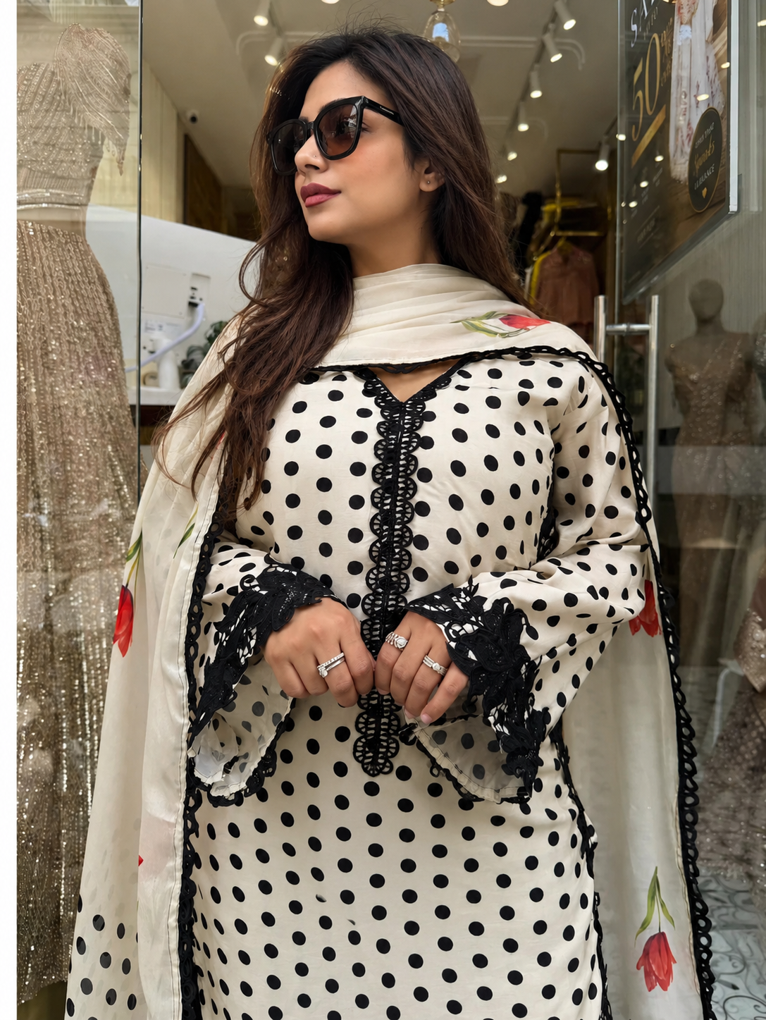 POLKA MUSLIN LONG KAFTAN SUIT Q