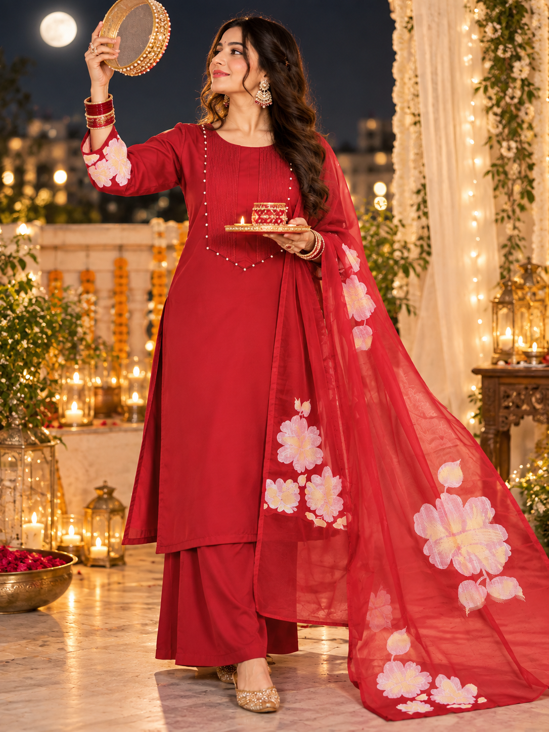 SATIN RED READYMADE SUIT