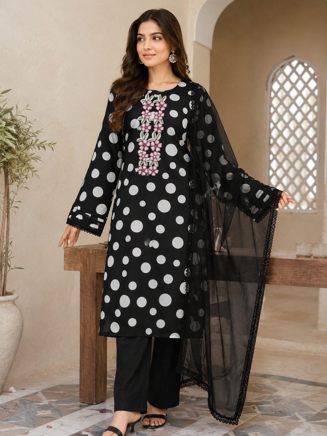 POLKA RAYON LONG KURTI SUIT