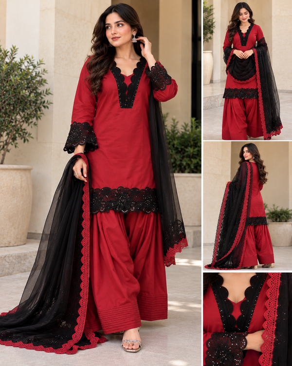 MAROON SATIN FARSHI SHALWAR SUIT