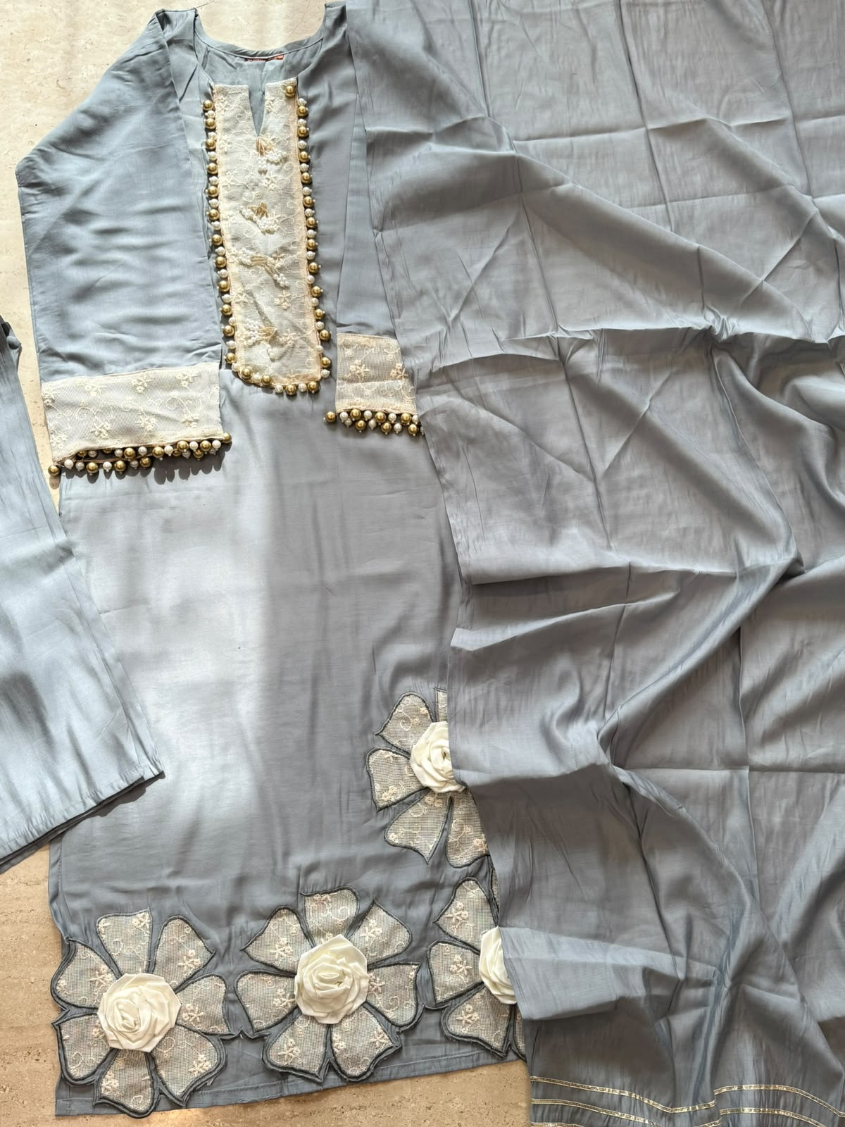 GREY MUSLIN LONG KAFTAN SUIT