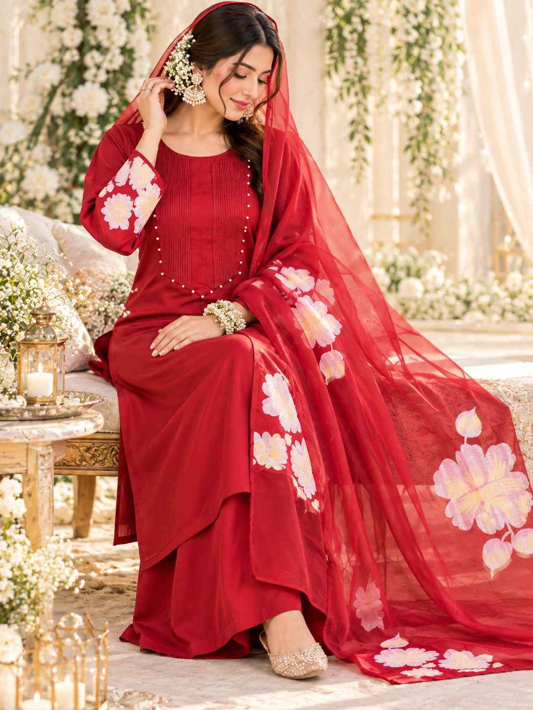 SATIN RED READYMADE SUIT