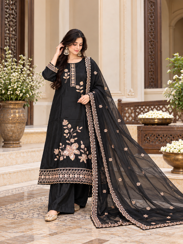 UPADA SILK BLACK READYMADE EMBROIDERY SUIT 8001 Q
