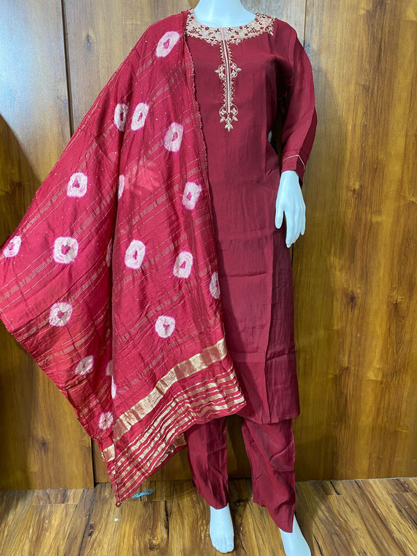 MAROON ROMAN SILK READYMADE SUIT Q