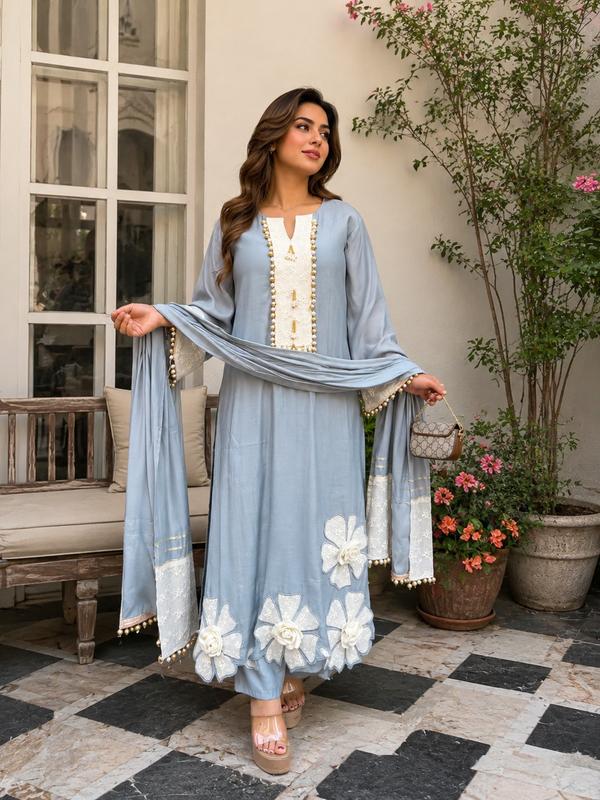 GREY MUSLIN LONG KAFTAN SUIT