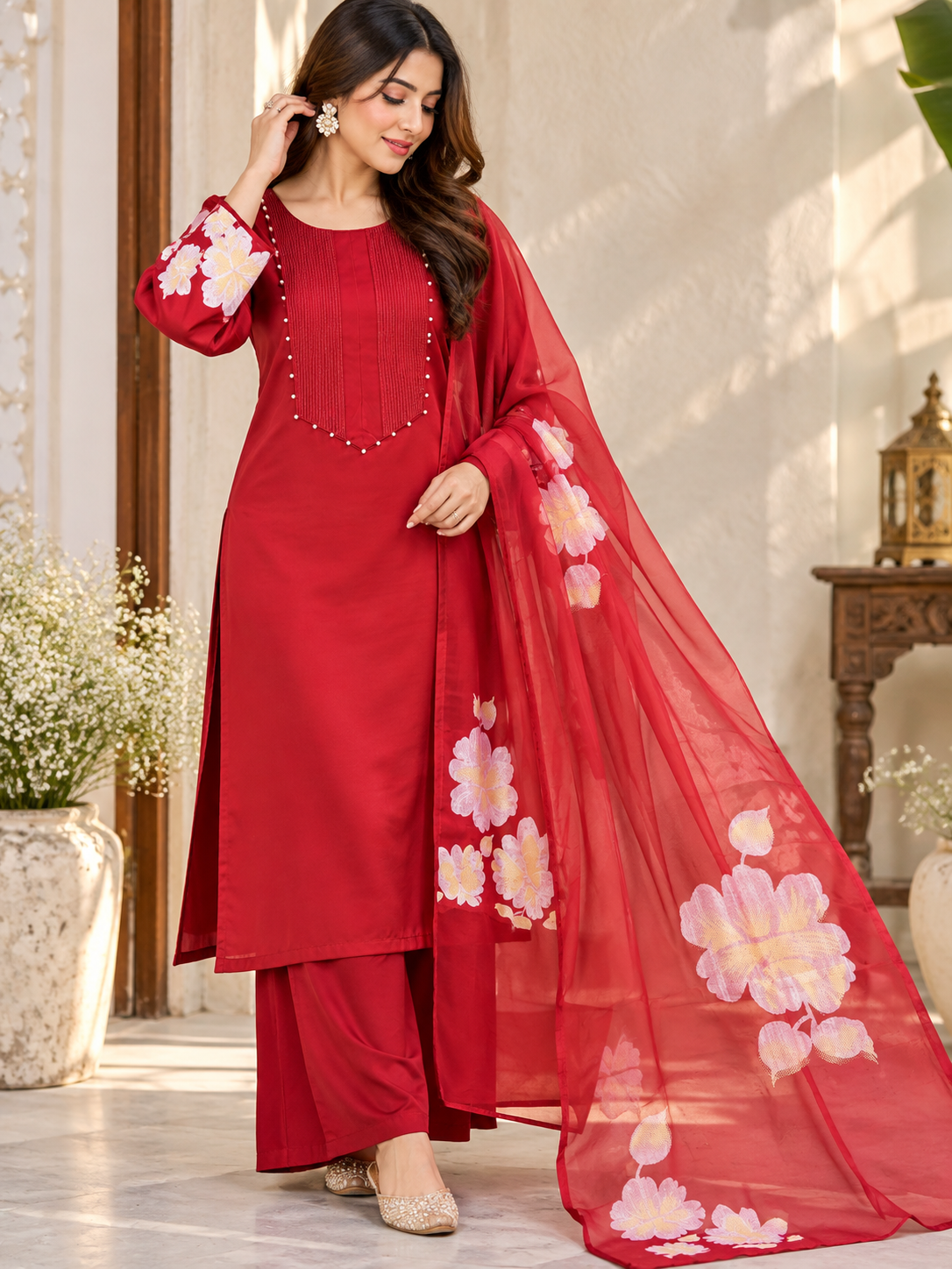 SATIN RED READYMADE SUIT
