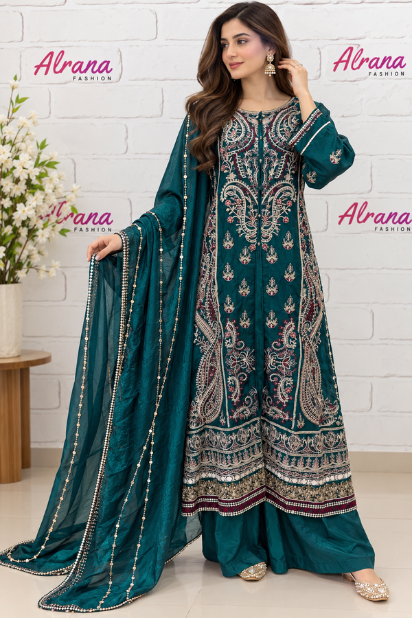 PEACOCK SILK READYMADE EMBROIDERY SUIT Q