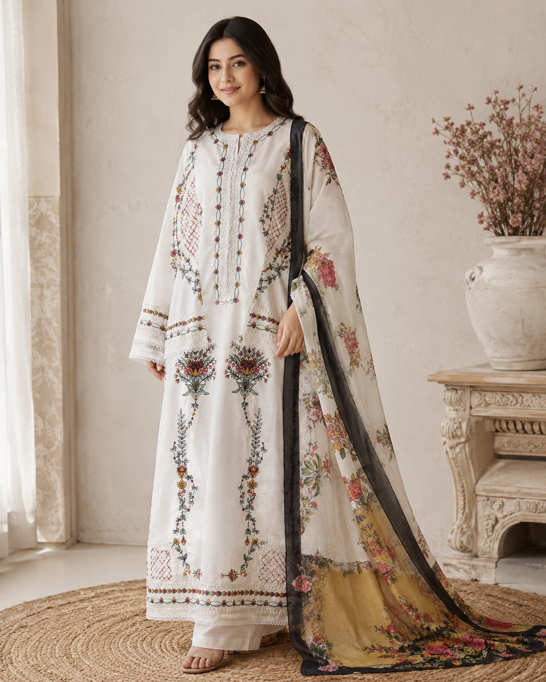 WHITE JUGNU LAWN EMBROIDERY SUIT R