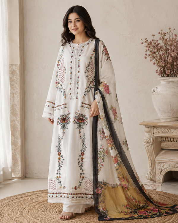 WHITE JUGNU LAWN EMBROIDERY SUIT Q