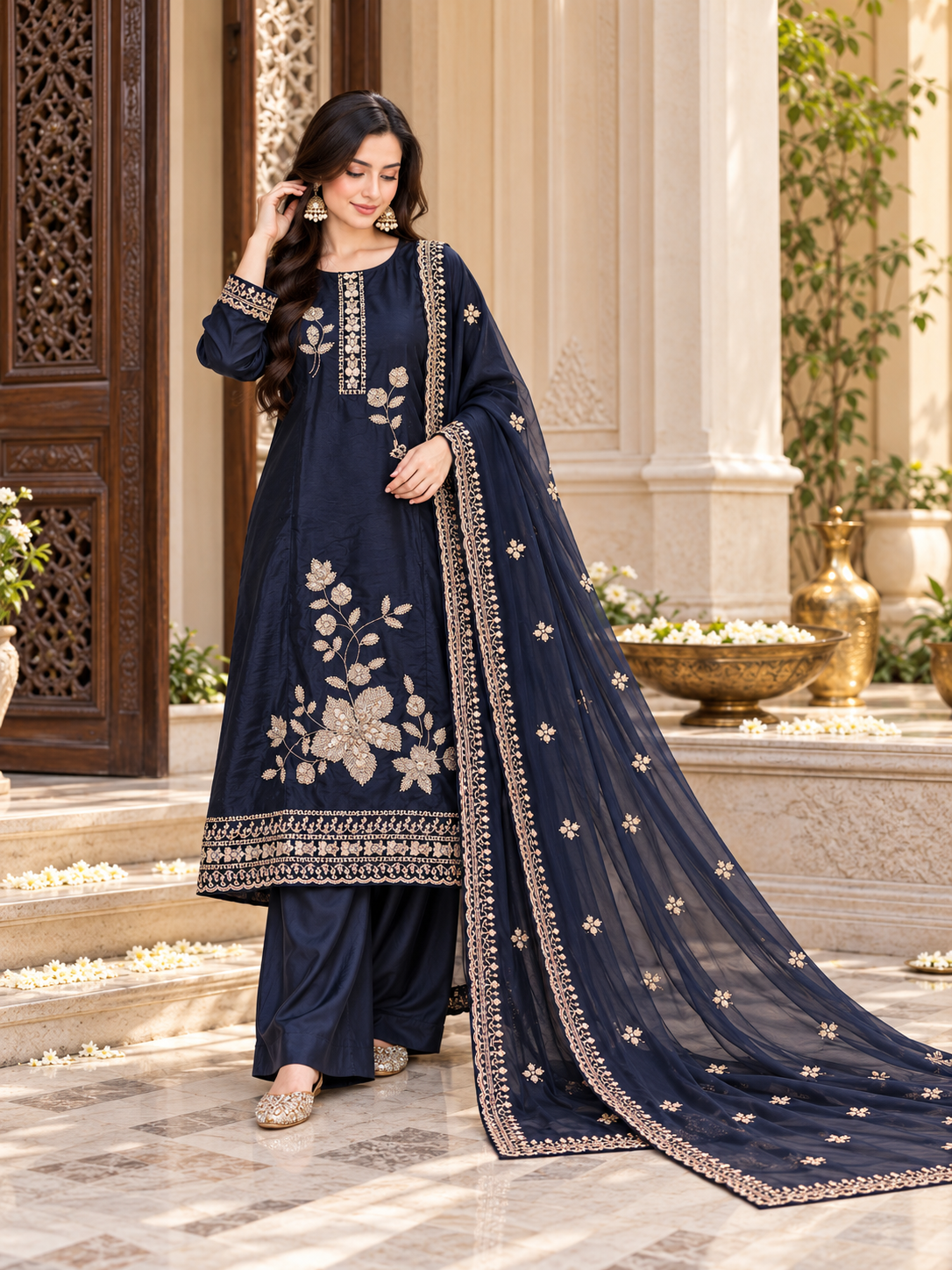 UPADA SILK BLUE READYMADE EMBROIDERY SUIT 8001 Q