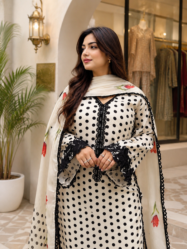 POLKA MUSLIN LONG KAFTAN SUIT Q